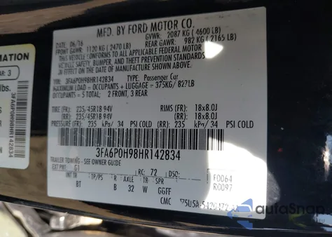 2017 Ford Fusion Se из США, поврежденный, VIN 3FA6P0H98HR142834